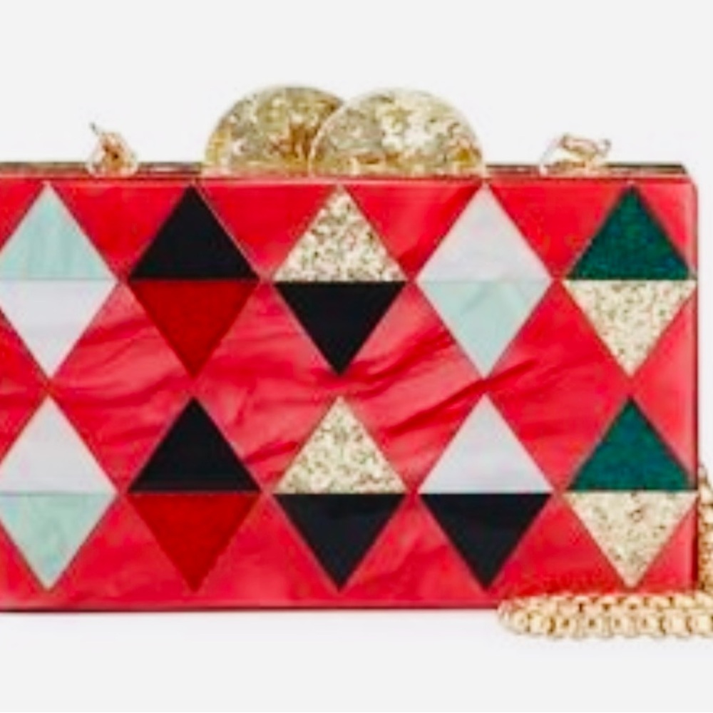Neiman Marcus Bari Lynn Red Black & Gold Harlequin Resin Acrylic Holiday Clutch🎁